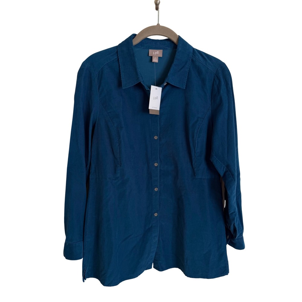 NWT J.Jill PS Petite Small Persian Blue Corduroy Button‎ Down Peplum Shirt NEW